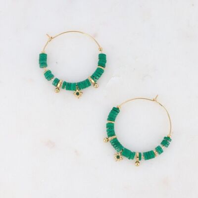 Kenza golden hoop earrings with green beads, star with green crystal