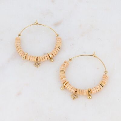 Golden Kenza hoop earrings with beige beads, star with beige crystal