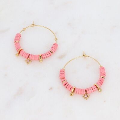 Kenza golden hoop earrings with light pink beads, star with pink crystal