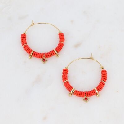 Golden Kenza hoop earrings with orange-red beads, star with red crystal