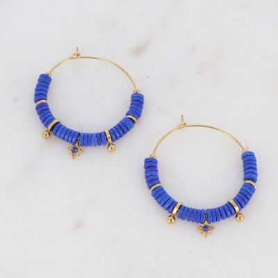 Kenza golden hoop earrings with blue beads, star with blue crystal