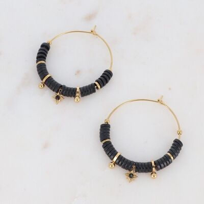 Kenza golden hoop earrings with black pearls, star with black crystal