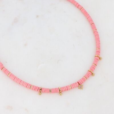 Golden Kenza necklace with pink pearls and pink zirconia star