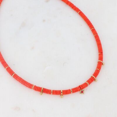 Collar Kenza dorado con cuentas rojo anaranjado y estrella de circonitas rojas