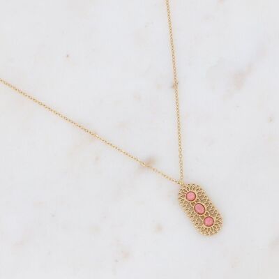 Golden Amber necklace with 3 Rhodonite stones on openwork rosette
