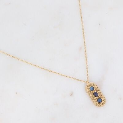 Golden Amber necklace with 3 Lapis Lazuli stones on an openwork rosette