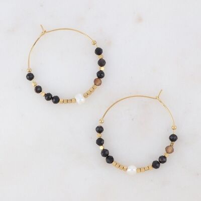 Bracéline golden hoop earrings with black agate stones