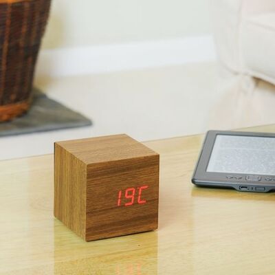 Cube Click Clock Teak/ Red LED