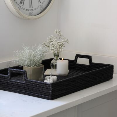 Large Black Rattan Tray