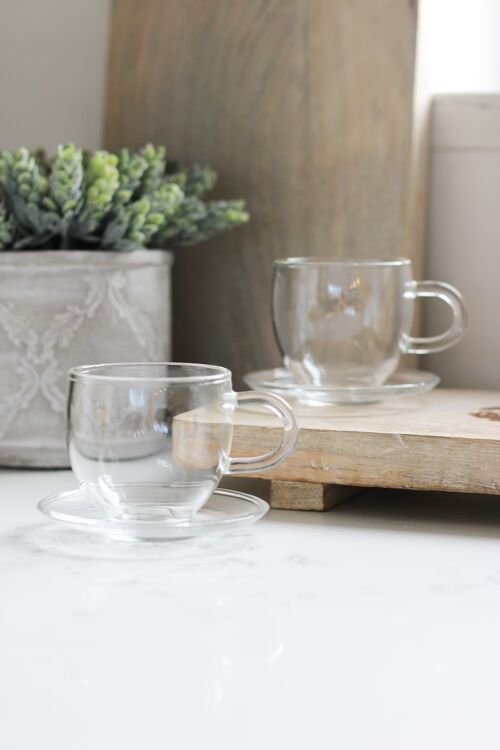 Set 2 Espresso Glass Mug Saucer Set