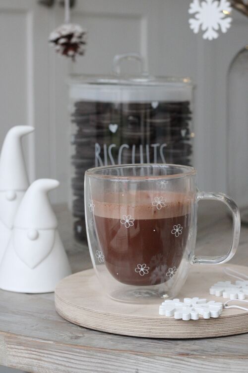 Double Wall White Floral Glass Mug