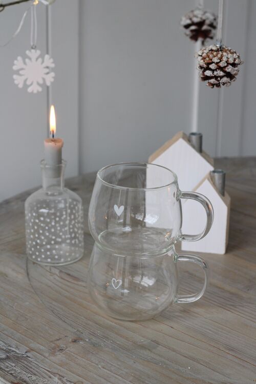 Petite Set of 2 White Hearts Glass Mug
