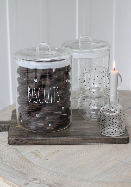 Large Glass Biscuit Jar - White Biscuit/Hearts