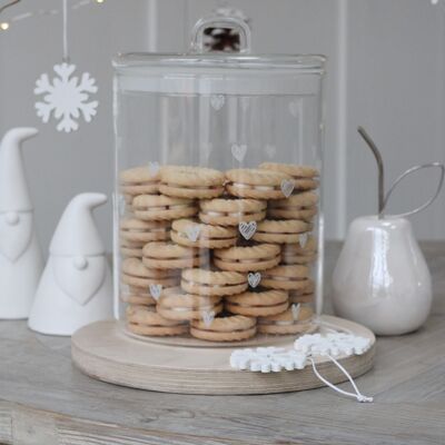 Large Glass Biscuit Jar- White Hearts