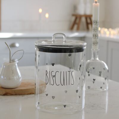 Grand pot à biscuits en verre – Biscuit noir/cœurs