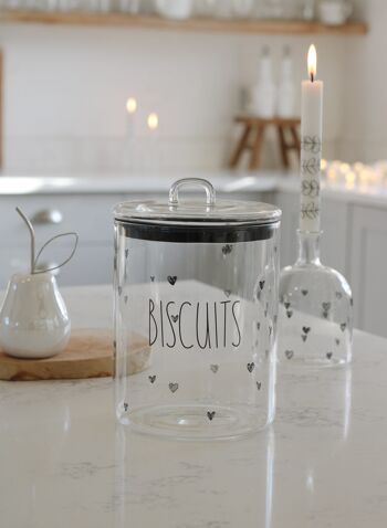 Grand pot à biscuits en verre – Biscuit noir/cœurs