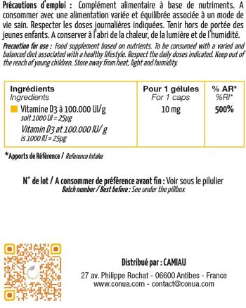 Vitamine D3 100.000 UI / g Cholécalciférol | Flacon de 90 gélules végétal pour 3 mois (90 jours) CONUA FABRICATION FARANCAISE 7