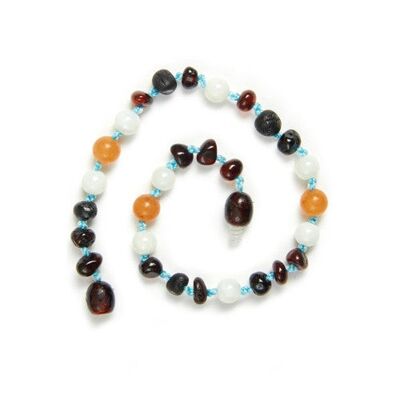 Olaf - Cavigliera/braccialetto/collana in ambra ciliegia scura e pietre preziose - 41 cm