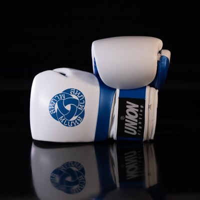 UNION fighting Muay Thai Boxing Gloves Blue and White with Hand Wraps 12