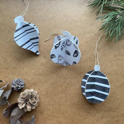 Monochrome Set of 3 Eco Handprinted 3d Wooden Baubles.