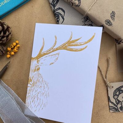 Golden Stag. Handprinted 100% Sustainable Christmas Card.