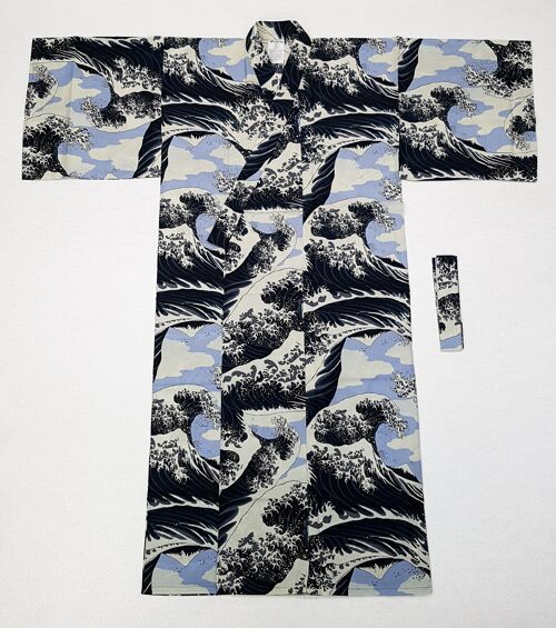Kimono Yukata japonais 100% coton gris et blanc motif Vague Hokusai