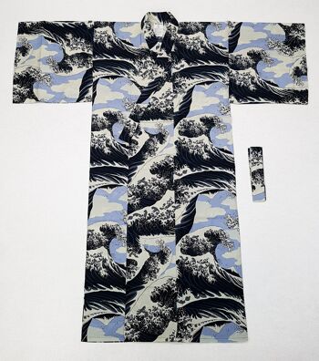 Kimono Yukata japonais 100% coton gris et blanc motif Vague Hokusai 1
