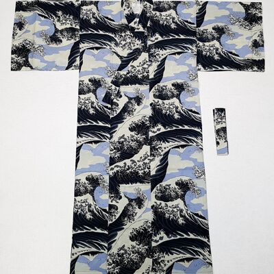 Japanischer Yukata-Kimono, 100 % Baumwolle, grau-weißes Hokusai-Wellenmuster