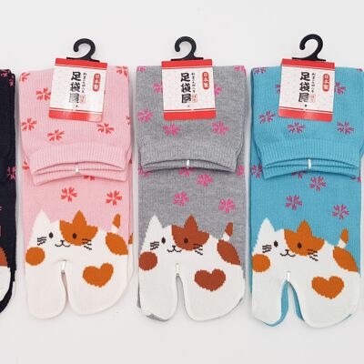 Japanische Tabi-Socken aus Baumwolle und Neko-Katzenmuster. Hergestellt in Japan. Größe Fr 34 - 40