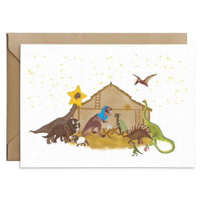 Carte de Noël de scène de nativité de dinosaure