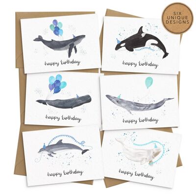 Tarjetas de cumpleaños de ballenas y delfines - Juego de 6