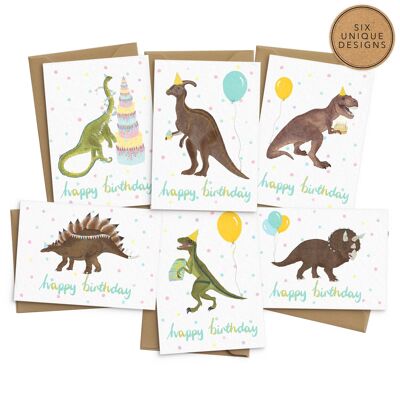Cartes d'anniversaire mignonnes de dinosaure - lot de 6