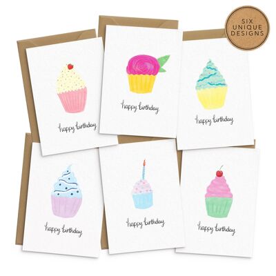 Cartes d'anniversaire Cupcake - Lot de 6