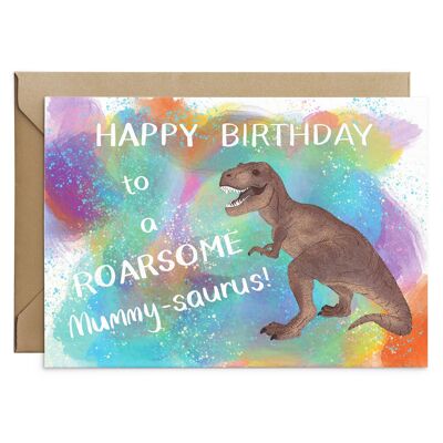 Biglietto di auguri di compleanno con dinosauro ruggente per la mamma