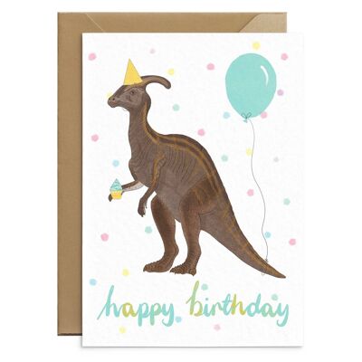 Biglietto di auguri per il compleanno di un simpatico dinosauro di Parasaurolophus