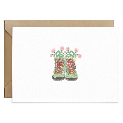 Tarjeta floral de botas para caminar