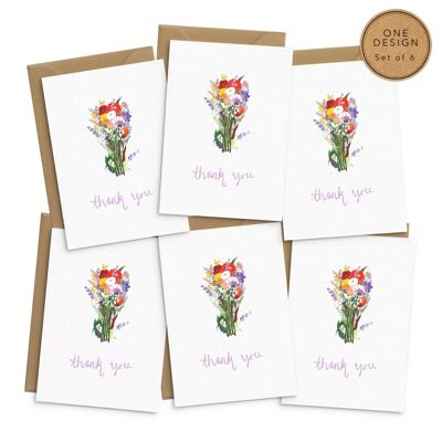 Cartes de remerciement florales violettes - Lot de 6