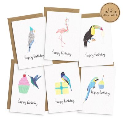 Cartes d'anniversaire Oiseaux mignons - Lot de 6