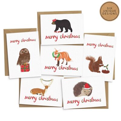Bonitas tarjetas navideñas de animales - Juego de 6