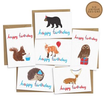 Cartes d'anniversaire animaux mignons - Lot de 6