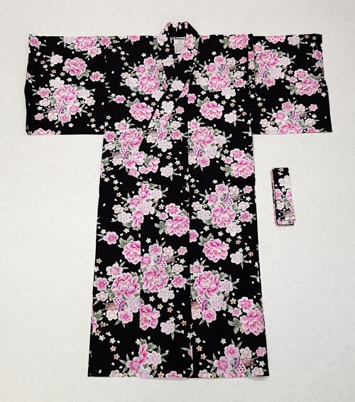 Kimono Yukata japonais 100% coton Noir & Fleurs de Pivoine