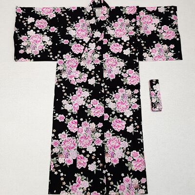Kimono giapponese Yukata 100% cotone nero e fiori di peonia