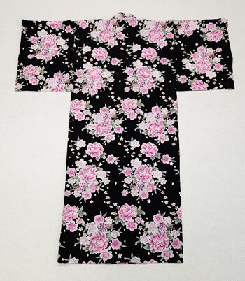 Kimono Yukata japonais 100% coton Noir & Fleurs de Pivoine 2