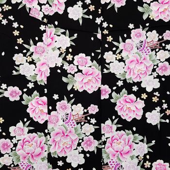 Kimono Yukata japonais 100% coton Noir & Fleurs de Pivoine 3