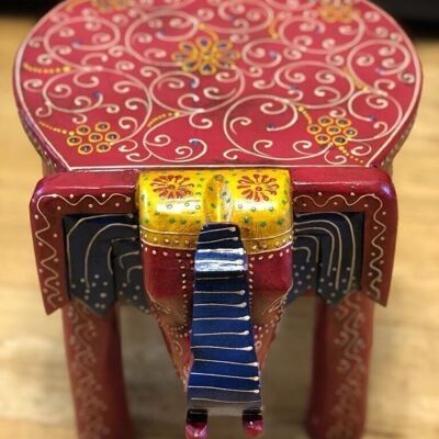 BEAU TABOURET DÉCORATIF EN FORME D'ÉLÉPHANT EN BOIS FABRIQUÉ À LA MAIN ET PEINT À LA MAIN - 12″ FLEUR ROUGE