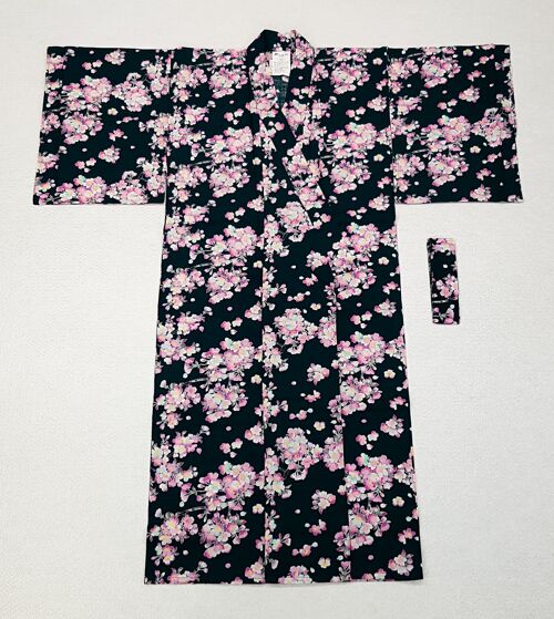 Kimono Yukata japonais 100% coton Navy & Fleurs de Cerisier Taille 55