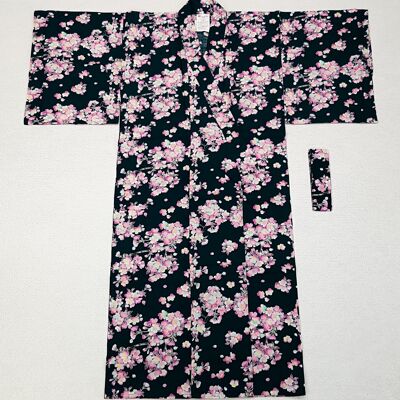Japanischer Yukata-Kimono, 100 % Baumwolle, Marineblau und Kirschblüten, Größe 55