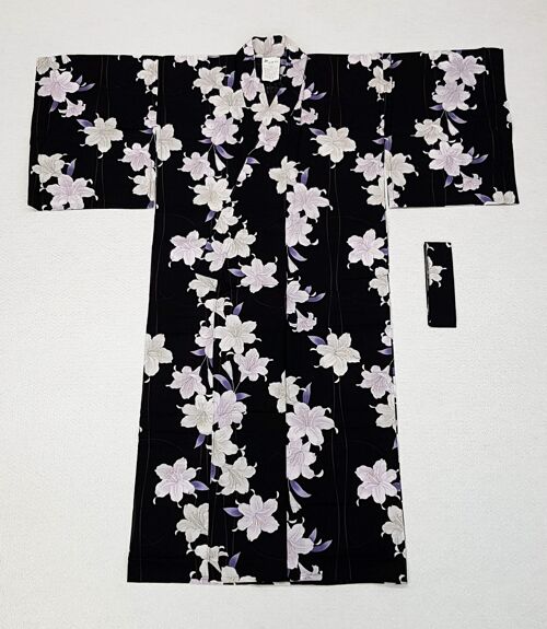 Kimono Yukata japonais 100% coton Noir & Fleur de Lys