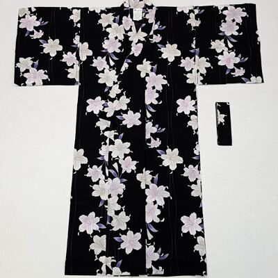 Kimono giapponese Yukata 100% cotone Nero e fiore di giglio