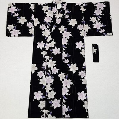 Japanischer Yukata Kimono 100% Baumwolle Schwarz & Lilienblume